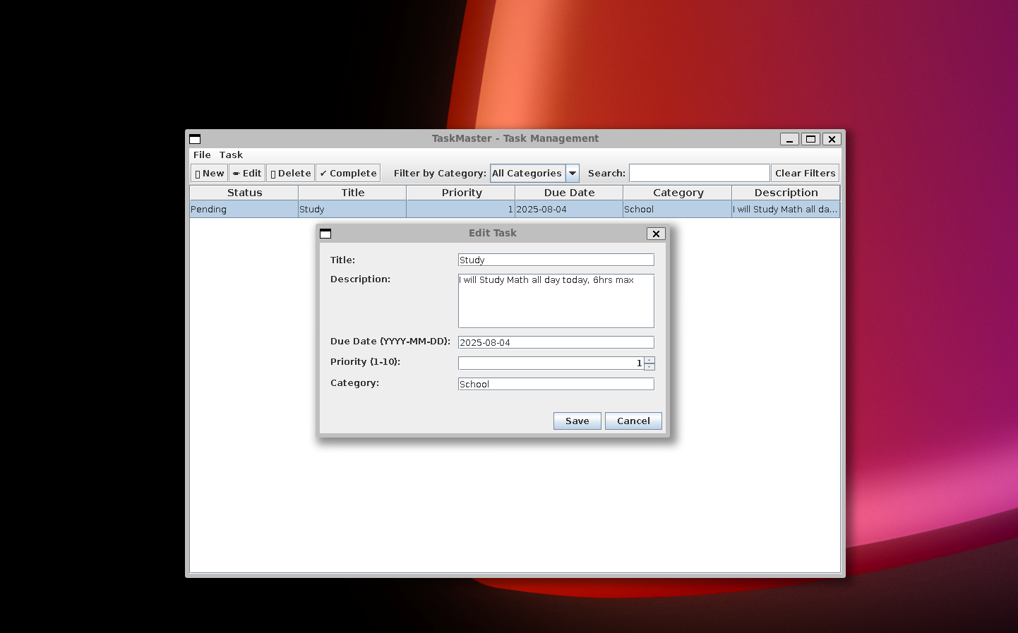 Screenshot of Task-manager application
